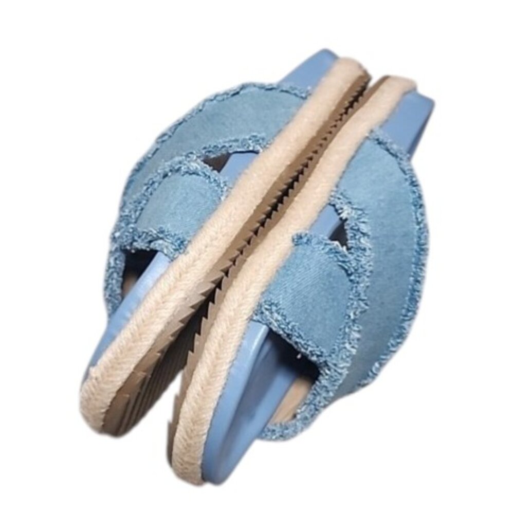 SHU SHOP Denim Blue Espadrille Slide Sandals 9 Frayed Criss Cross Straps Boho - Picture 6 of 14